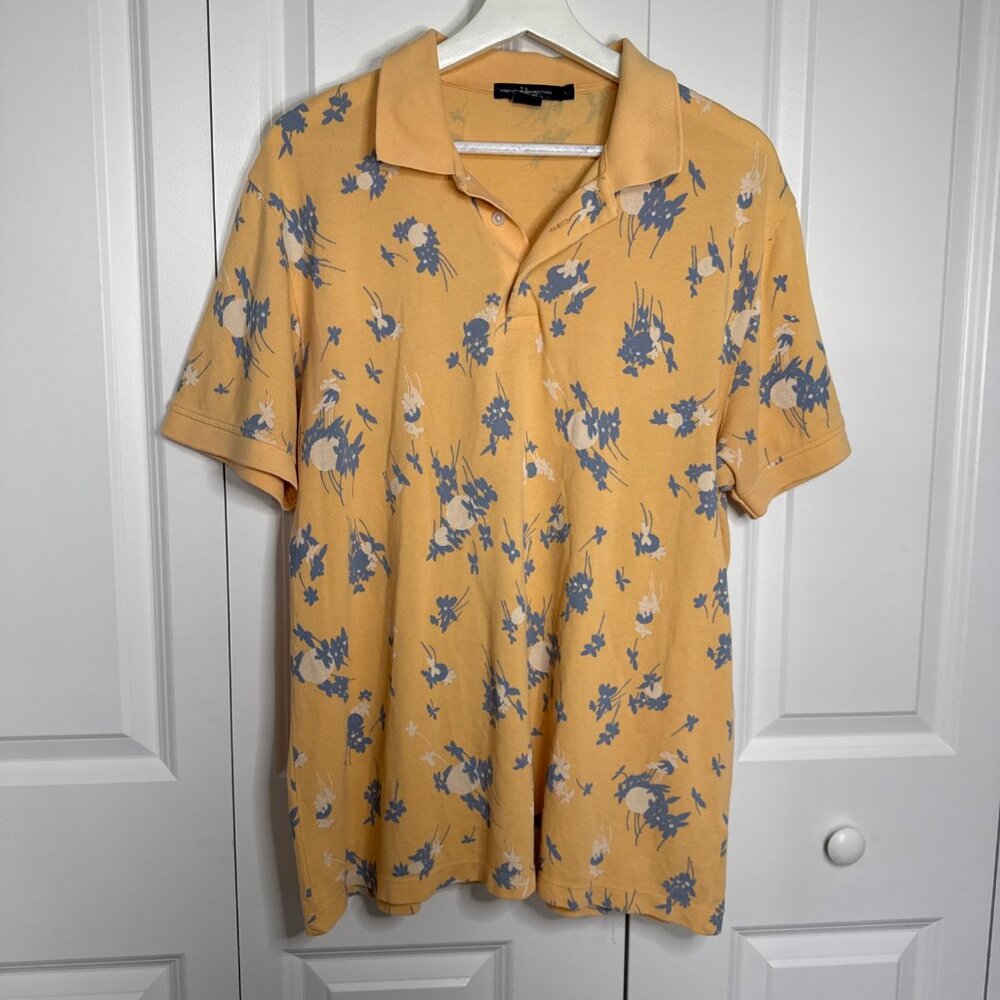 French Connection Yellow Blue‎ Flowery Mens Polo Shirt Size L 100% Cotton